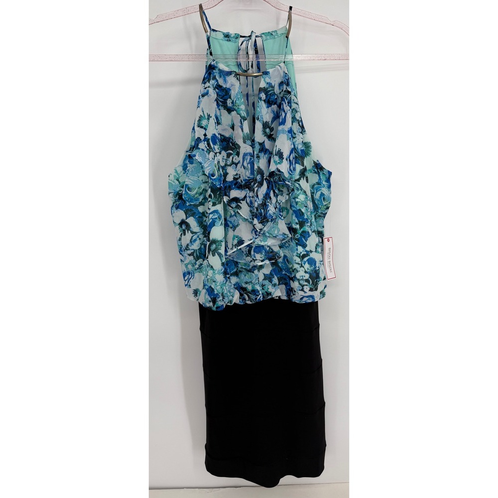 Bisouβ Bisou Michele Bohbot Floral Halter Ruffle Dress Blue Black Sz 12 NEW